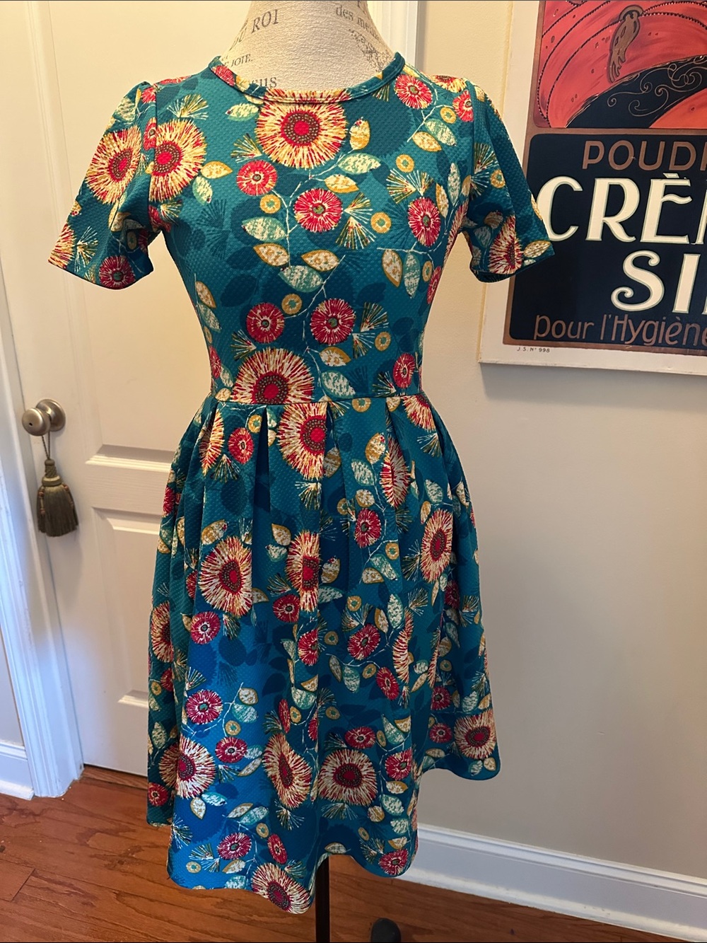 LuLaRoe Teal Floral Fit-and-Flare Dress with Red and Cream Accents